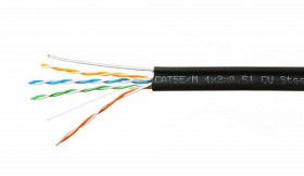 Кабель Skynet Premium UTP4 cat.5е, одножильный / 305м / Cu / Проходит Fluke тест /для наружных работ / с тросом /черный