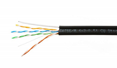 Кабель Skynet Premium UTP4 cat.5е, одножильный / 305м / Cu / Проходит Fluke тест /для наружных работ / с тросом /черный
