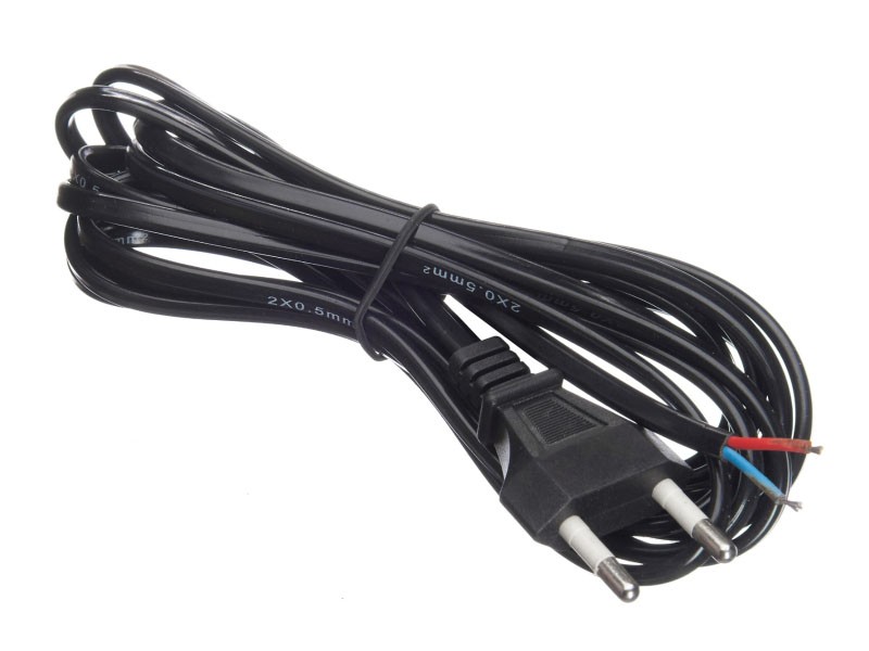 Кабель питания с вилкой (без разъема) 2*0,5мм2, 220V/2,5A, 3м, черный, Netko