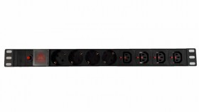 Блок розеток 19&quot;, 10-16A, 8 розеток (4 шт EU + 4 шт C13), без шнура, выключатель, с защитой,  корпус металл, черный